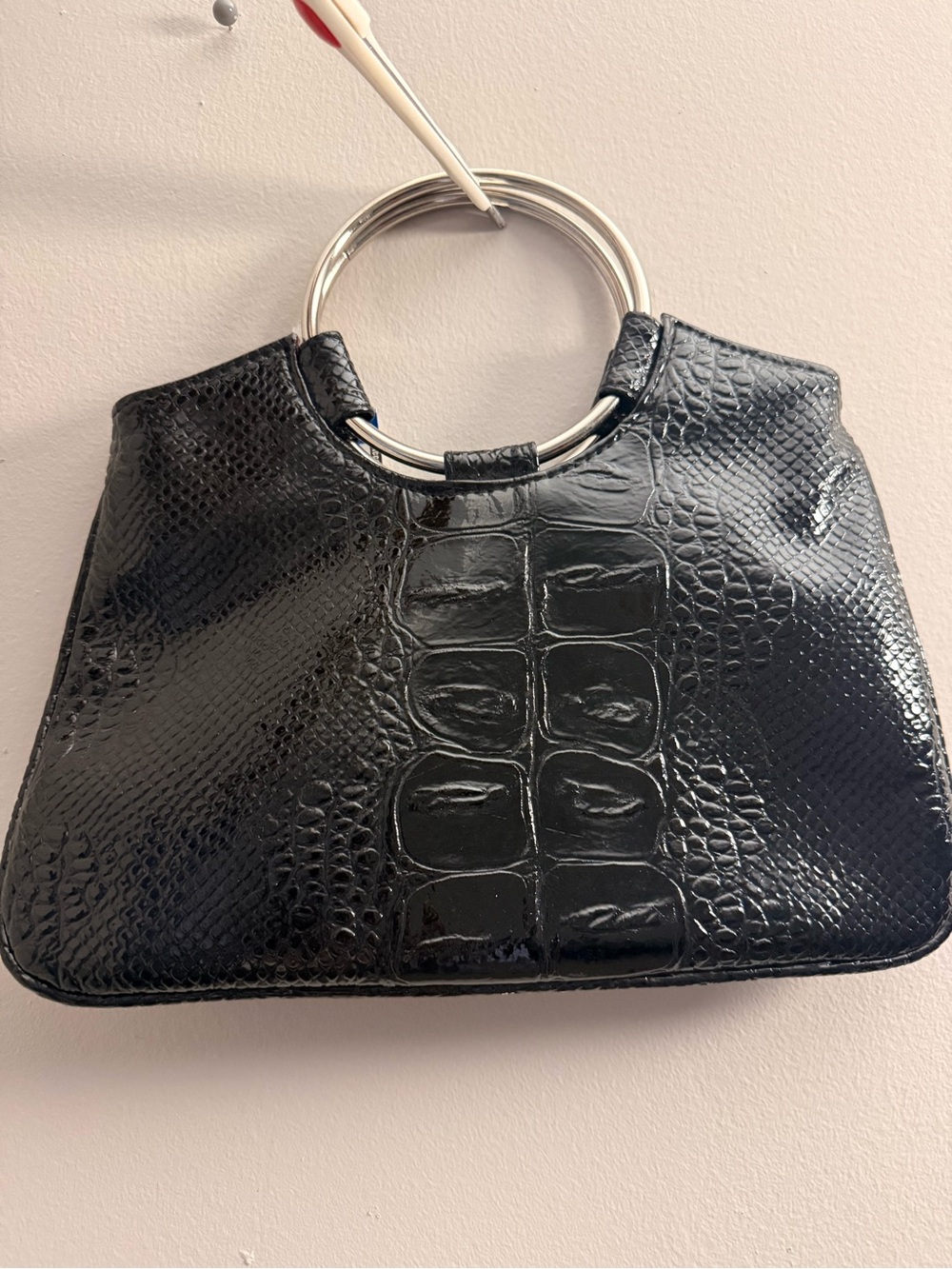 Black Croc-Embossed Mini Bag with Silver Ring Handles - Picture 3 of 3